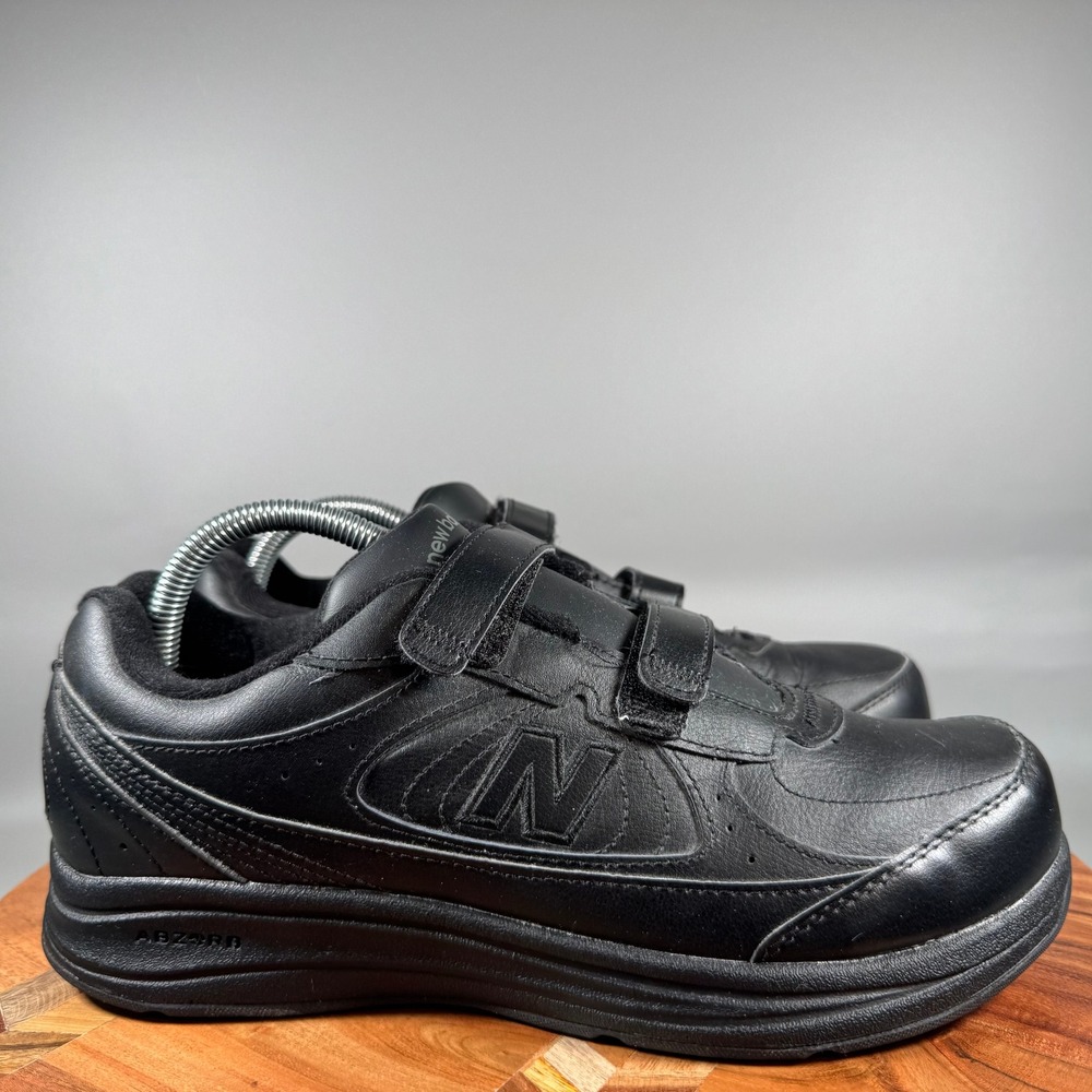 New Balance 577 Women 9.5 D Black Leather Walking Shoes WW577VK Hook Loop Straps